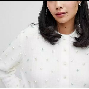 Asos White Faux Colored Pearl Embellishments Cardigan Sweater Size 8